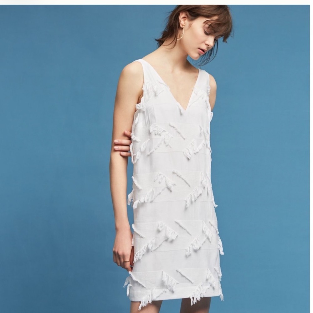 Maeve Anthropologie White FringeShift Graduation Bachelorette Bridal Dress 6